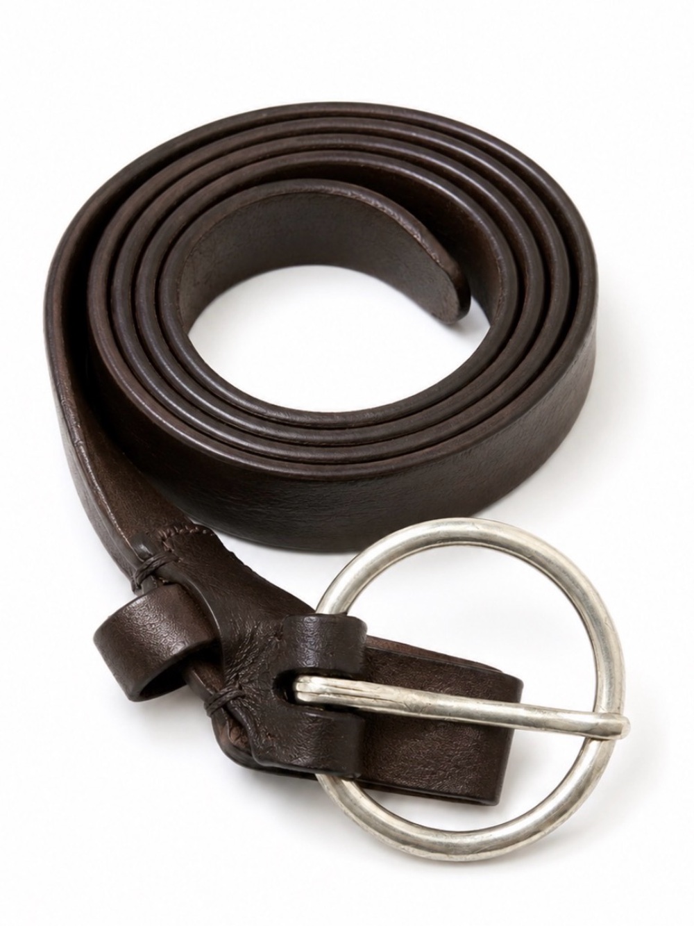 Women's Dark Brown Leather Belt with Round Gold Buckle